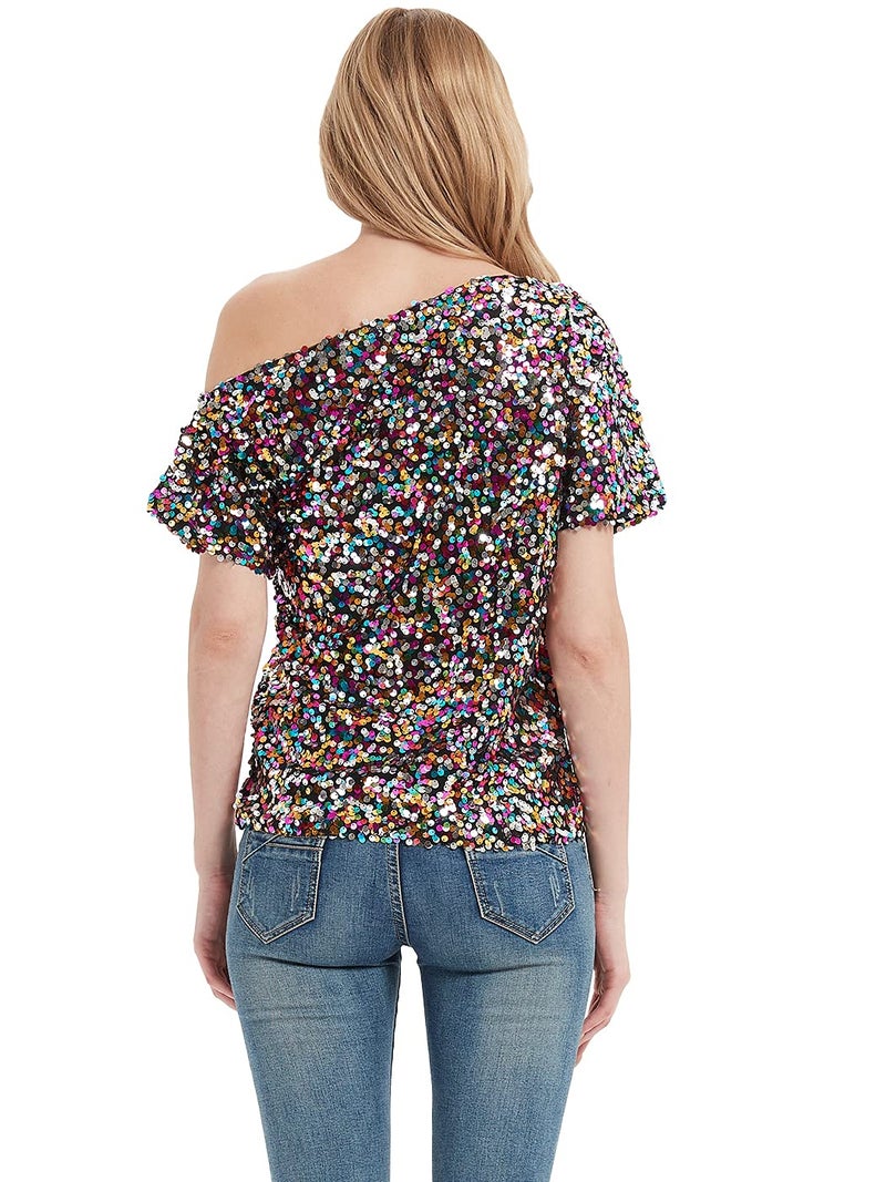 Anna-Kaci Womens Short Sleeve One Shoulder Sparkly Glitter Sequin Top Shirt Blouse, Multicolored, Medium - Image 2